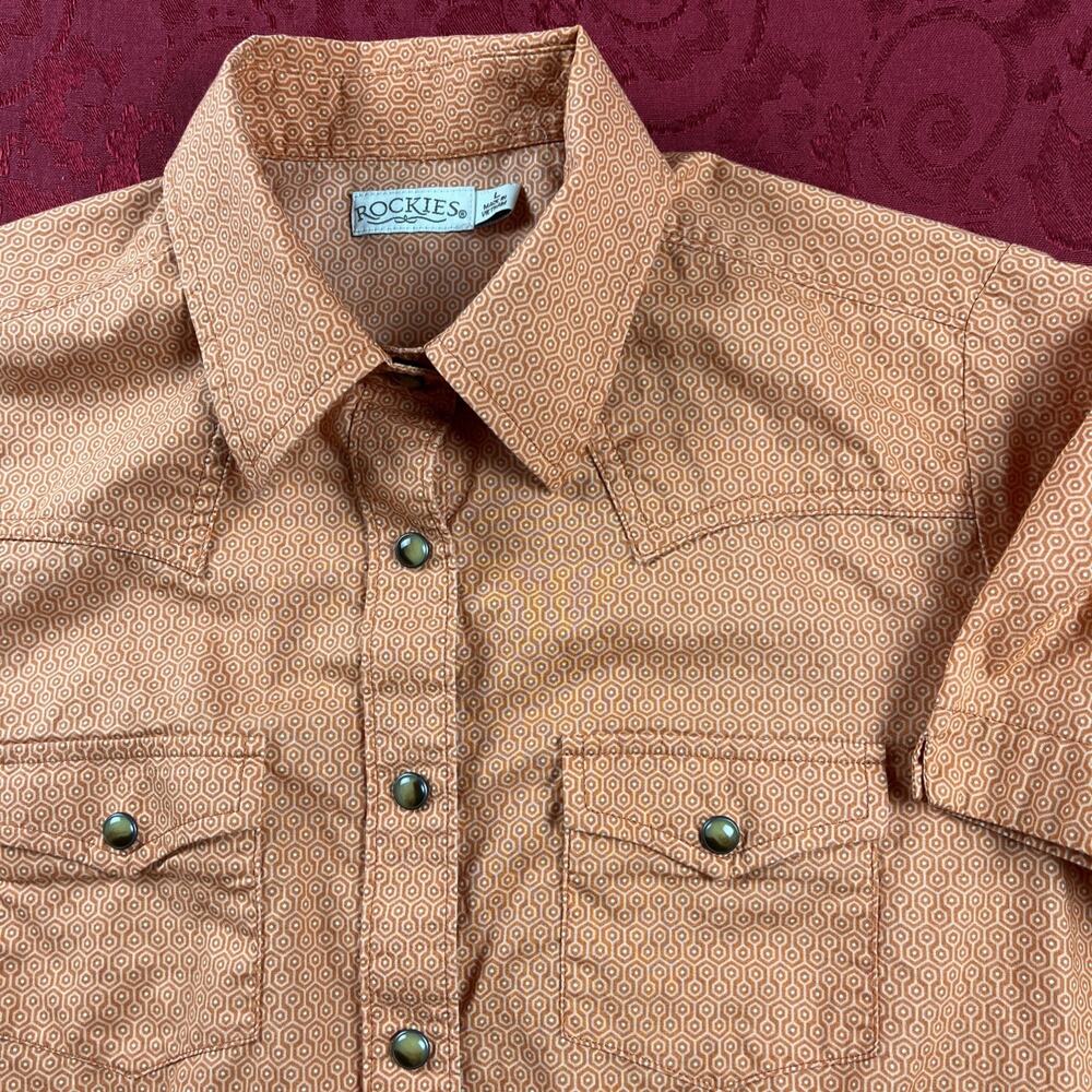 Rockies Shirt Women’s L Orange Pearl Snap Western Geometric Overlook Hotel Print